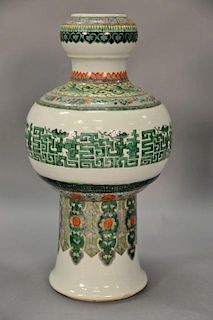 Famille verte porcelain double gourd vase having sleeve form base, large gourd body, and small gourd top (drilled base). ht. 17 1/2in.