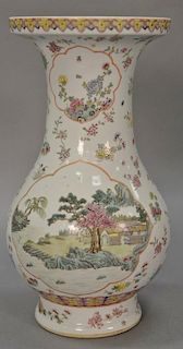 Da Qing Jiaqing Nian Zhi Chinese famille rose porcelain vase with hand painted landscape scenes surrounded by blossoming scrolling f...