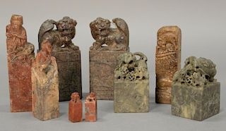 Nine carved Chinese soapstone seals, three pairs with carved foo dogs, two with carved Guanyin, and one with a carved goat figure. h...