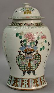 Large Oriental hand painted porcelain covered jar, one side with flowers in vase and other side with characters (cover as is).  ht...