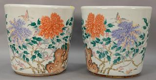 Pair of famille rose porcelain pots having painted wild flowers and butterflies, 19th to 20th century. ht. 15in., dia. 15 1/2in. Pro...