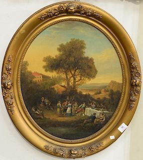 Continental 18th century  oval oil on canvas  Hillside Festivities  unsigned  relined  21 1/2" x 18"