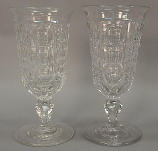 Pair of Waffle pattern flint glass footed vases. ht. 9 1/4in.