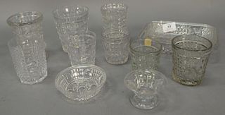 Thirteen piece Waffle pattern flint glass lot including nest of three rectangular dishes and glassware. lg. 6 1/4in. to 8 1/4in.