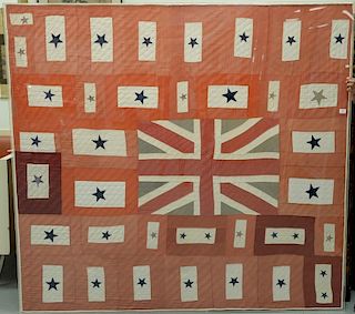 Union Jack and Blue Stars applique quilt, stretched and in plexiglass. 74" x 80" Provenance: Property from Credit Suisse's Americana...