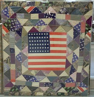 Patriotic crazy quilt center flag, silk and rayon, triangle crazy borders, probably New Hampshire circa 1930, stretched and in plexi...