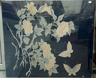 Pair of textile panels, floral and butterfly designs, each made in four panels mounted and stretched on cloth in plexiglass. 56 1/2"...