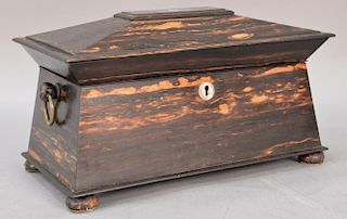 Exotic wood tea box with three part interior (one with cover) and mother of pearl inlaid top, 19th century. ht. 8 1/2in., wd. 14in.