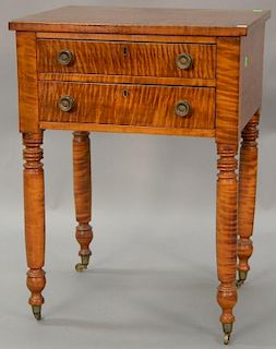 Sheraton tiger maple two drawer stand, circa 1830. ht. 28in., top: 20 7/8" x 17 3/4"