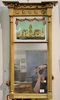 Federal two part mirror with reverse painted panel (gilt chip on right column). 33" x 19"