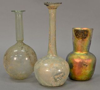 Three large Roman glass bottle vases, two pale green with long neck and one iridescent (as is). ht. 5in. to 7 1/2in.