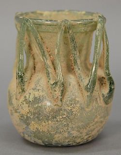 Roman Empire glass sprinkler flask with thin rigaree attached around the neck, 2nd - 4th A.D. ht. 3 1/4in.  Provenance: Acquired fro...