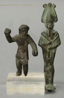 Two small Ancient bronzes including Roman bronze statuette figure of a gladiator and a bronze figure of a pharaoh. ht. 4in. & 2 5/8in.