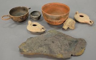 Tray lot to include two Roman clay oil lamps, handled clay cup (as is), two small clay bowls, and fern fossil (lg. 9 1/2in.)