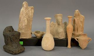 Seven Egyptian pieces to include a carved stone Pharaoh, three clay figural tomb tablets, and three clay vases. ht. 3in. to 6in.