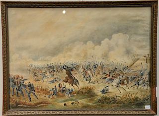 Civil War Battle Scene, watercolor on paper, unsigned, 15" x 21"