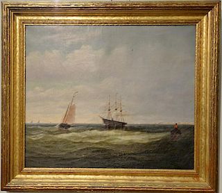 19th century, oil on canvas, Three Masted Sailing Vessel off the Coast, unsigned, 20" x 24"