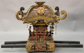 Japanese bronze, gilt bronze and carved wood processional temple (missing birds for top, rope and carrying supports are available)....