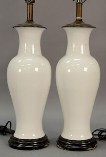 Pair of blanc de chine porcelain vases made into table lamps. vase ht. 14 1/2in.
