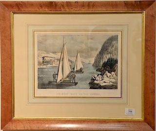 Currier & Ives, small folio hand colored lithograph, ICE BOAT RACE ON THE HUDSON, sight size 9 3/4" x 13 3/4" Provenance: Property f...