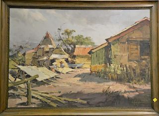 Gabriel Custodio (1912), oil on board, Building Bamboo Houses, signed and dated lower right: G. Custodio 2-65, 24" x 35"
