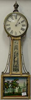 Weight driven banjo clock with reverse painted panels and brass finial, 19th century. ht. 33in.