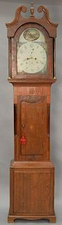Mahogany and oak tall clock having brass works and painted porcelain dial. ht. 90in.