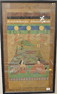 Chinese watercolor on silk, Emperor and Empress sitting in foreground with scrolling pine and marsh in background, 18th/19th century...