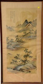 Pair of watercolors on silk, mountainous landscapes with figures, signed top left. 32" x 15"