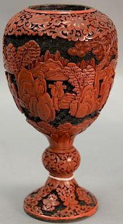 Chinese red cinnabar lacquered double gourd vase / urn having elaborately carved mountainous scene with scholars and scrolling flowe...