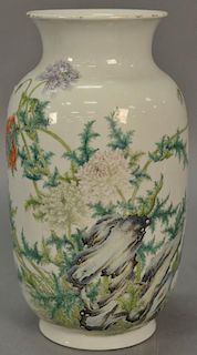 Chinese famille rose porcelain vase with hand painted blossoming lotus and wild flowers, seal mark on bottom. ht. 12 1/4in.