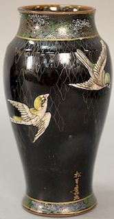 Earthenware Oriental vase, background with heavy enameled painted birds, signed on side and having two seal marks on bottom. ht. 6 3...