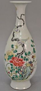 Chinese porcelain famille rose vase with painted wild flowers and birds, possibly Kangxi (as is broken and repaired). ht. 12in.