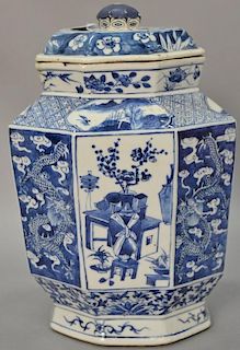 Blue and white porcelain covered octagon jar with painted panels of dragons and antiques, 18th/19th century (cover as is). ht. 13in.