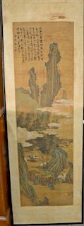 Chinese, watercolor on silk, mountainous landscape, signed top left. framed size: 6ft.