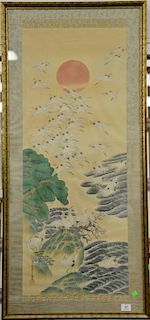 Oriental framed scroll, oil on silk of cranes flying in, signed and seal mark lower left. 44" x 16 1/2"