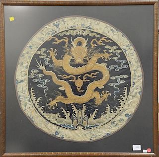 Kesi dragon badge embroidery, silk ground having colored and gold threads depicting five claw forward facing dragon, 19th century. 2...