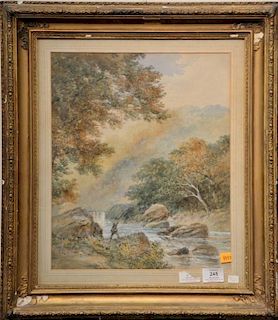 19th/20th century, watercolor on paper, Fly Fishing a Stream, unsigned, 18" x 15"