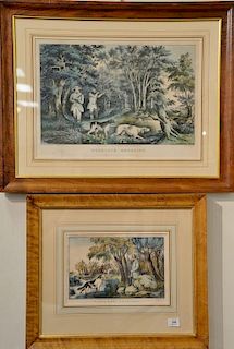 Nathaniel Currier, two hand colored lithographs, After F.F. Palmer 1852, Woodcock Shooting, by N. Currier, sight size 15 1/4" x 21";...