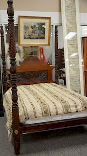 Federal mahogany four post bed with acanthus carved posts and carved headboard, circa 1840. ht. 92in., lg. 83in., wd. 62 1/2in.