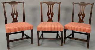 Three Chippendale mahogany side chairs with fully upholstered seats, circa 1760. seat ht. 17in., ht. 36 1/2in.