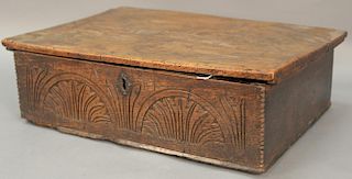 Early English oak bible box with carved front, initialed AH. ht. 7in.; wd. 22in.; dp. 17in.