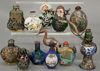 Twelve enameled and cloisonne snuff bottles to include cloisonne double gourd, silver egg form with bottle having enameled flowers,...