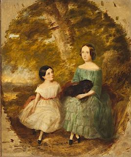 Victorian English Portrait of Two Girls & Spaniel
