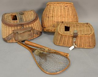 Five piece lot to include three wicker creels, one mounted with leather trim and pouch, one oval form with shoulder strap, and one w...