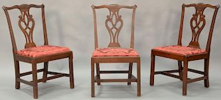 Set of three mahogany Chippendale side chairs having carved and cross thatched crest rail over open carved splat with slip seats all...