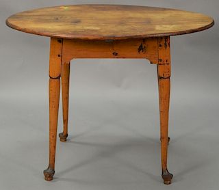 Queen Anne cherry tea table with oval top set on turned legs ending in pad feet, circa 1740. ht. 26in., top 26 1/2" x 34"