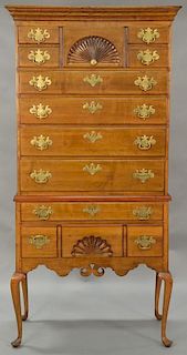 Queen Anne maple high chest in two parts, upper portion with cornice molded top over drawer over four drawers on lower portion with ...
