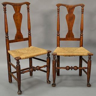Pair of Queen Anne side chairs with vasiform splat and rush seats on turned legs with duck feet. ht. 41in., seat ht. 17 1/2in.