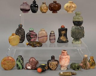 Collection of twenty-three hardstone and quartz snuff bottles to include stipple green, tiger eye, amethyst, agate, etc.